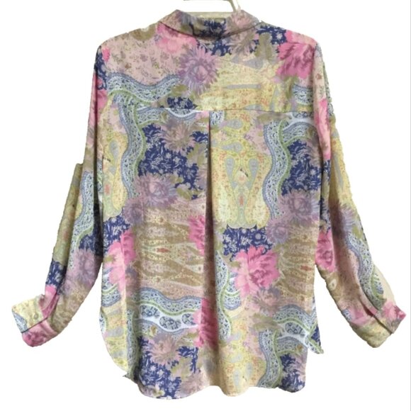 Rose & Olive Women Size M Blouse Top Button Front Floral Pink Blue Yellow Beige - Picture 2 of 6